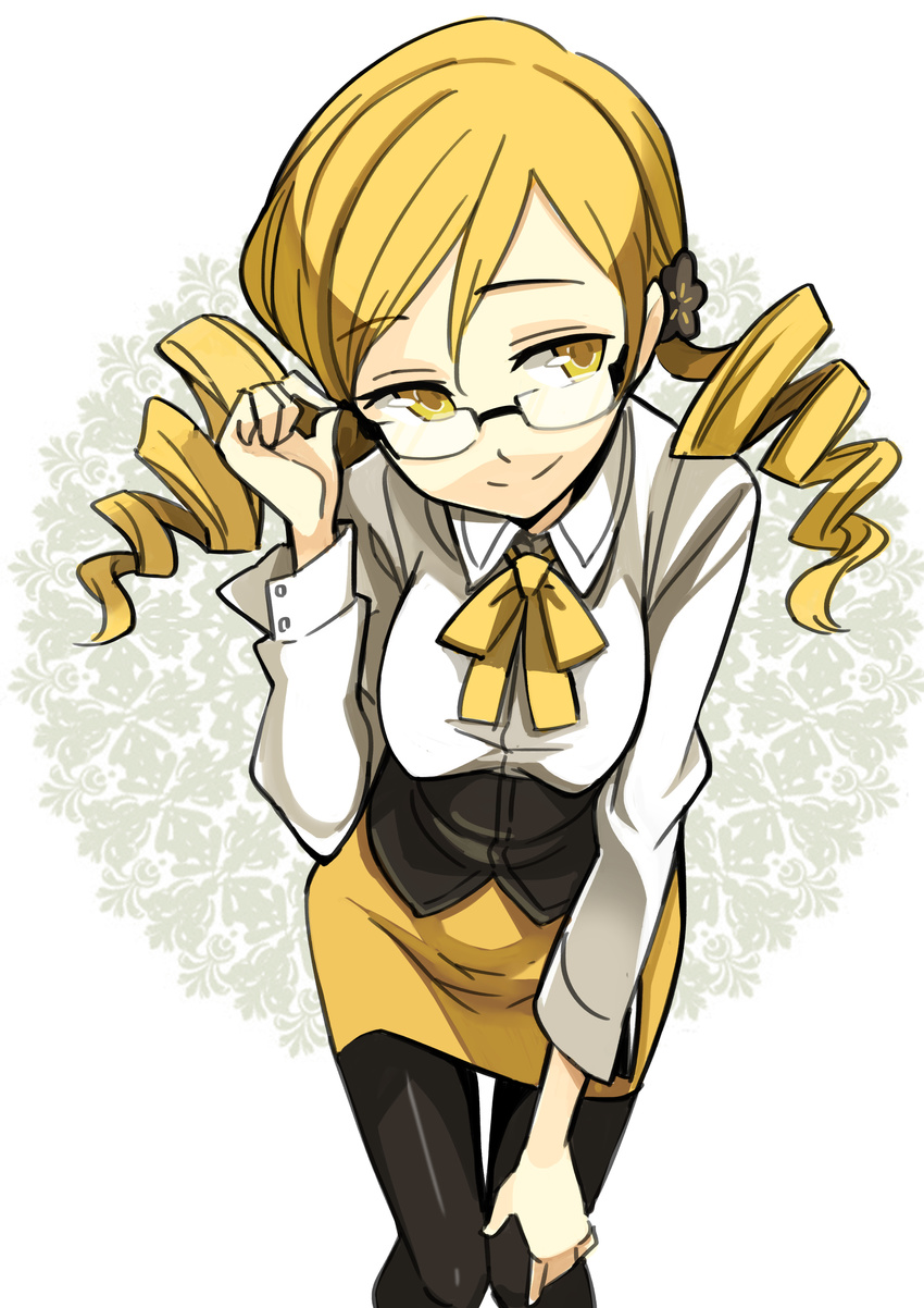 absurdres bad_id bad_pixiv_id bespectacled blonde_hair drill_hair glasses highres mahou_shoujo_madoka_magica minoa_(lastswallow) pantyhose pencil_skirt skirt smile solo teacher tomoe_mami twin_drills twintails yellow_eyes
