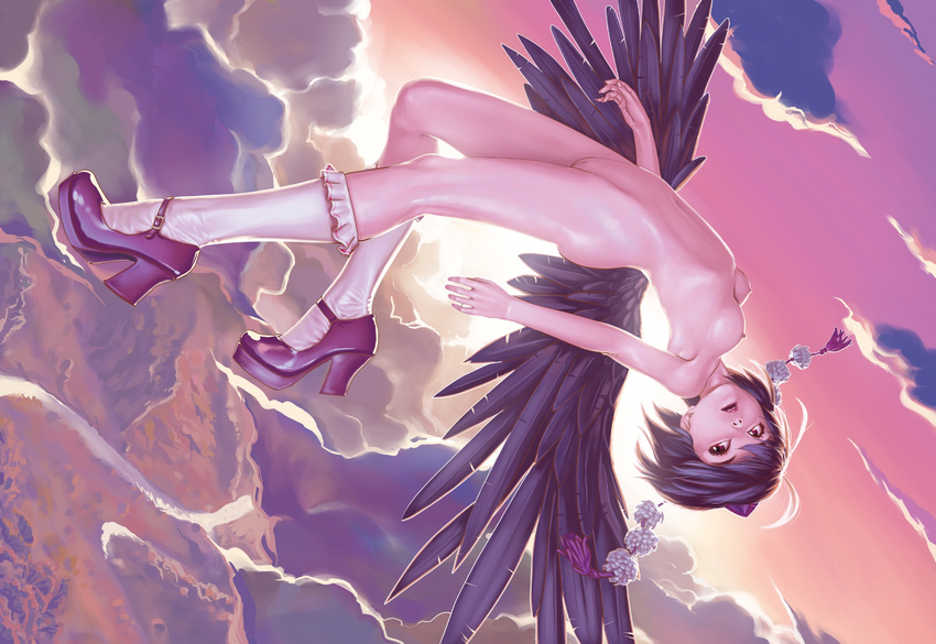 breasts cloud expressionless feathers flying geister hat high_heels highres landscape looking_away looking_down nipples nude open_mouth pussy river shameimaru_aya short_hair small_breasts socks solo touhou wings