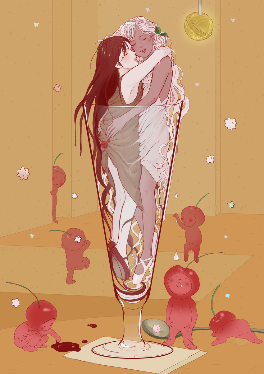 absurdres brown_hair cherry corrupto dark_skin dress food food_as_clothes food_themed_clothes fruit glass hair_ornament highres hug leaf long_hair multiple_girls original oversized_object parfait peeking_out personification spoon surreal white_hair yuri