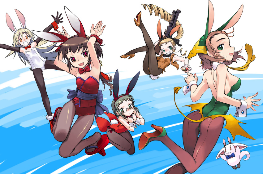 :3 :d animal_ears armpits ass bad_id bad_pixiv_id blonde_hair bow bowtie breasts brown_eyes brown_hair bunny_ears bunny_tail bunnysuit china_lake creature drill_hair elbow_gloves eyebrows flat_chest freckles geta glasses gloves green_eyes grenade_launcher grin gun high_heels highres long_hair looking_back medium_breasts multiple_girls nakamura_tetsuya necktie open_mouth orange_eyes original pantyhose ponytail red_eyes shoes short_hair sideboob silver_hair smile tail vest weapon wrist_cuffs zipper