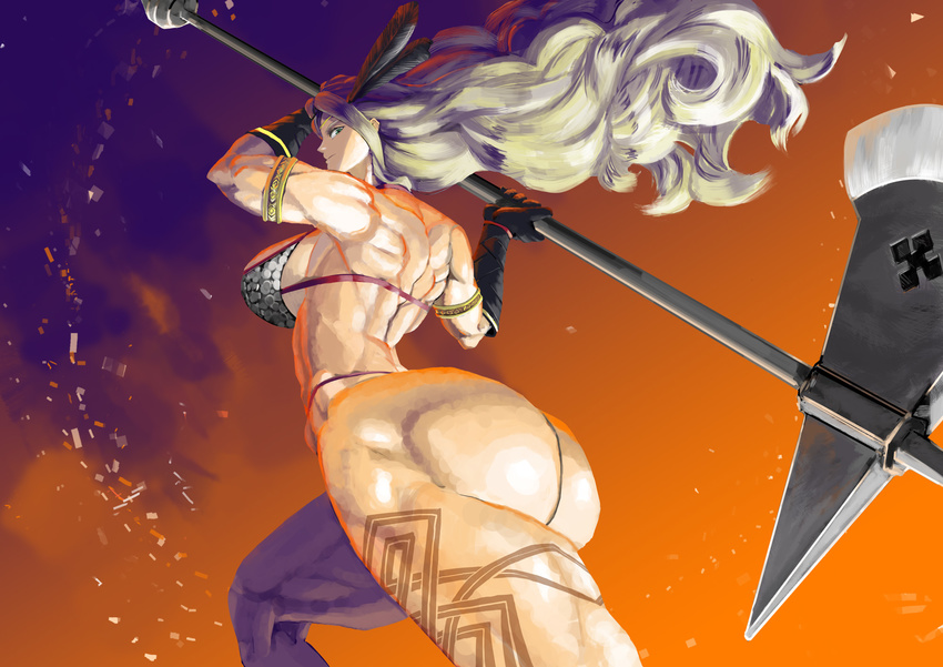 amazon_(dragon's_crown) armlet armor ass back bikini bikini_armor blonde_hair breasts circlet dragon's_crown feathers gloves green_eyes halberd highres huge_ass huge_breasts long_hair looking_back muscle mutsugi polearm solo swimsuit tattoo thick_thighs thighs vanillaware weapon