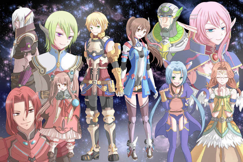 5girls android animal_ears armor arumat_p._thanatos bacchus_d-79 bangs blonde_hair blue_eyes blue_hair blue_legwear boots bow brown_eyes brown_hair cat_ears cat_tail closed_eyes coat crowe_f._almedio dress ear_covers edge_maverick everyone faize_scheifa_beleth frills full_body gem gloves green_eyes green_hair hair_ribbon holding_hands interlocked_fingers long_hair lymle_lemuri_phi meracle_chamlotte midriff multiple_boys multiple_girls myuria_tionysus pants parted_bangs pink_hair pointy_ears ponytail purple_eyes purple_legwear red_armor red_hair ribbon rogie saionji_reimi sarah_jerand shorts smile space star_ocean star_ocean_the_last_hope tail thighhighs twintails white_hair wings wrist_cuffs