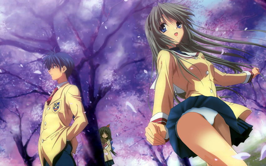 2girls clannad hat hikarizaka_private_high_school_uniform ibuki_fuuko long_hair multiple_girls okazaki_tomoya panties pantyhose pantyshot petals sakagami_tomoyo school_uniform third-party_edit tree underwear wind wind_lift