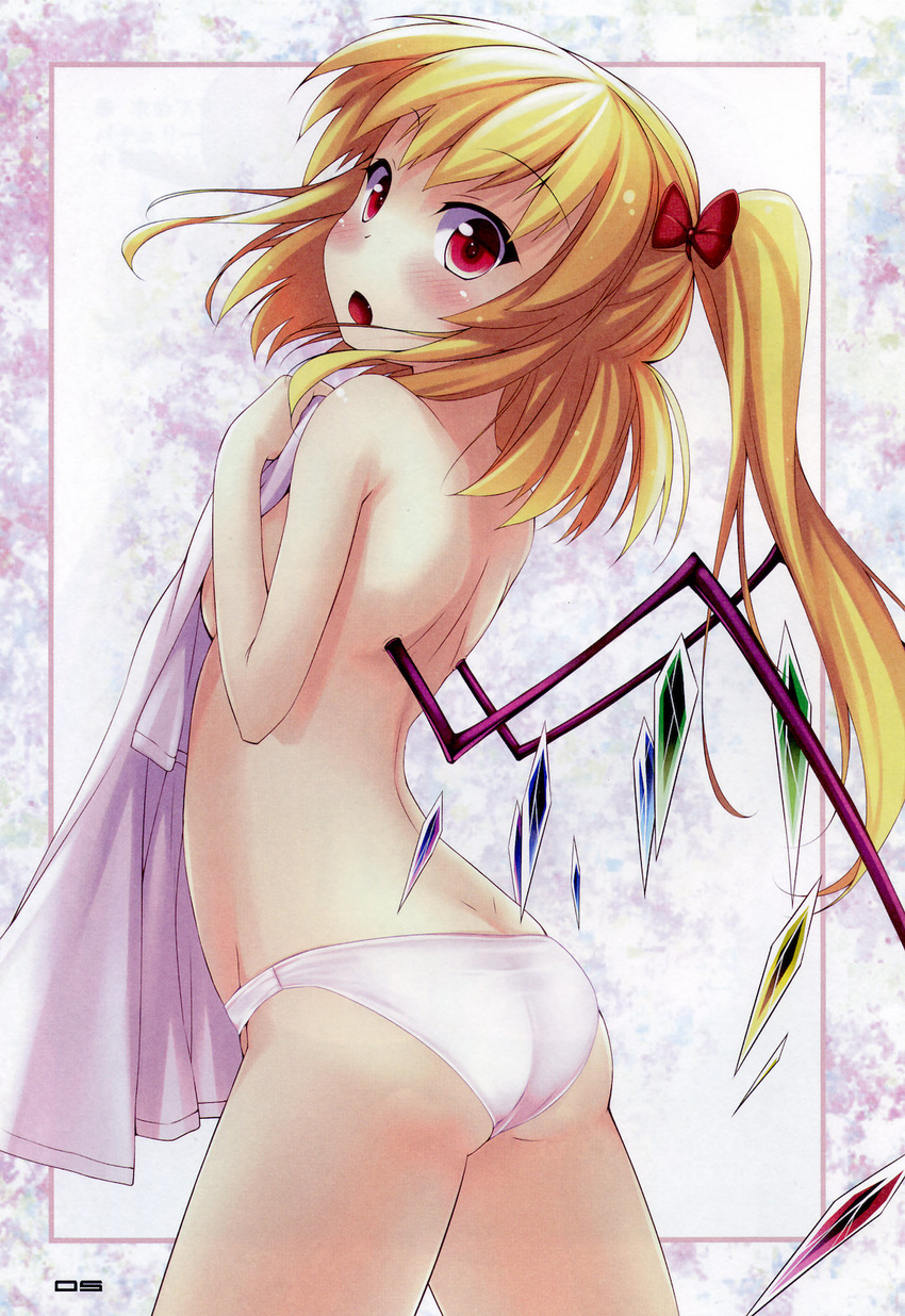 ass back blonde_hair blush bow breasts covering covering_breasts fang flandre_scarlet flat_chest hair_bow highres medium_breasts non-web_source nullken one_side_up panties red_eyes scan sideboob solo topless touhou towel underwear underwear_only white_panties wings