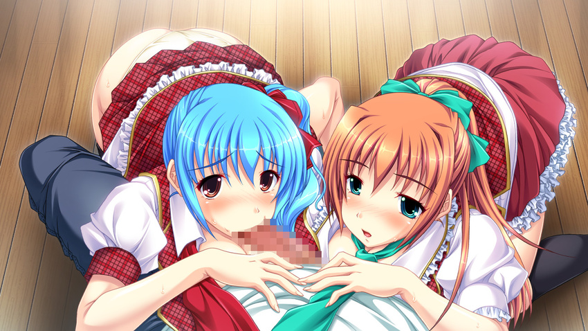 1boy 2girls ass blue_hair blush brown_hair censored character_request fellatio game_cg group_sex harem kyonyuu_torai_!_tankishuuchuu_chichi_momi_ressun l multiple_girls nude oral panties pussy watching