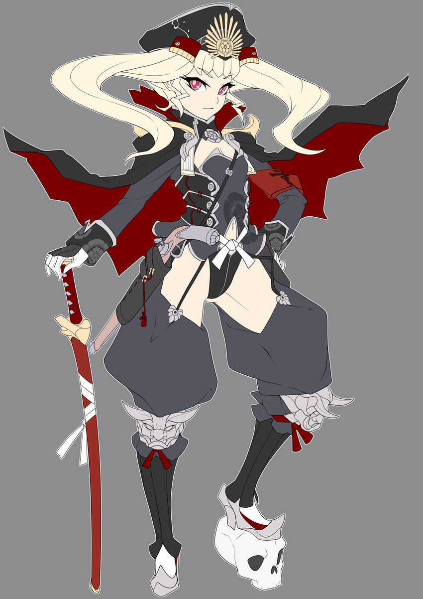 albino ban black_panties boots cape flat_chest flat_color gloves grey grey_background hand_on_hilt hand_on_hip hat highres original panties red_eyes sengoku_koihime simple_background skull smile solo sword twintails underwear weapon white_hair