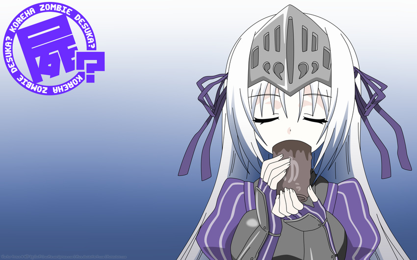 armor cup drinking eucliwood_hellscythe eyes_closed gauntlets hair_accessory hair_ornament hair_ribbon headgear helmet highres kore_wa_zombie_desu_ka? long_hair mug ribbon sipping solo very_long_hair wallpaper white_hair