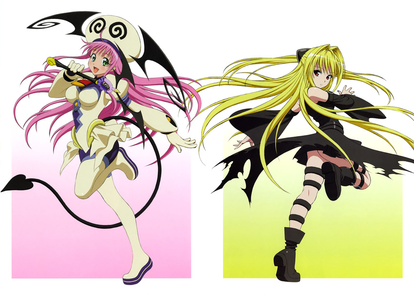 absurdres artist_request blonde_hair blush bodysuit boots detached_sleeves gloves green_eyes hair_ornament hat highres konjiki_no_yami lala_satalin_deviluke leotard long_hair multiple_girls official_art open_mouth peke pink_hair red_eyes scan smile thigh_boots thigh_strap thighhighs to_love-ru torn_clothes wand