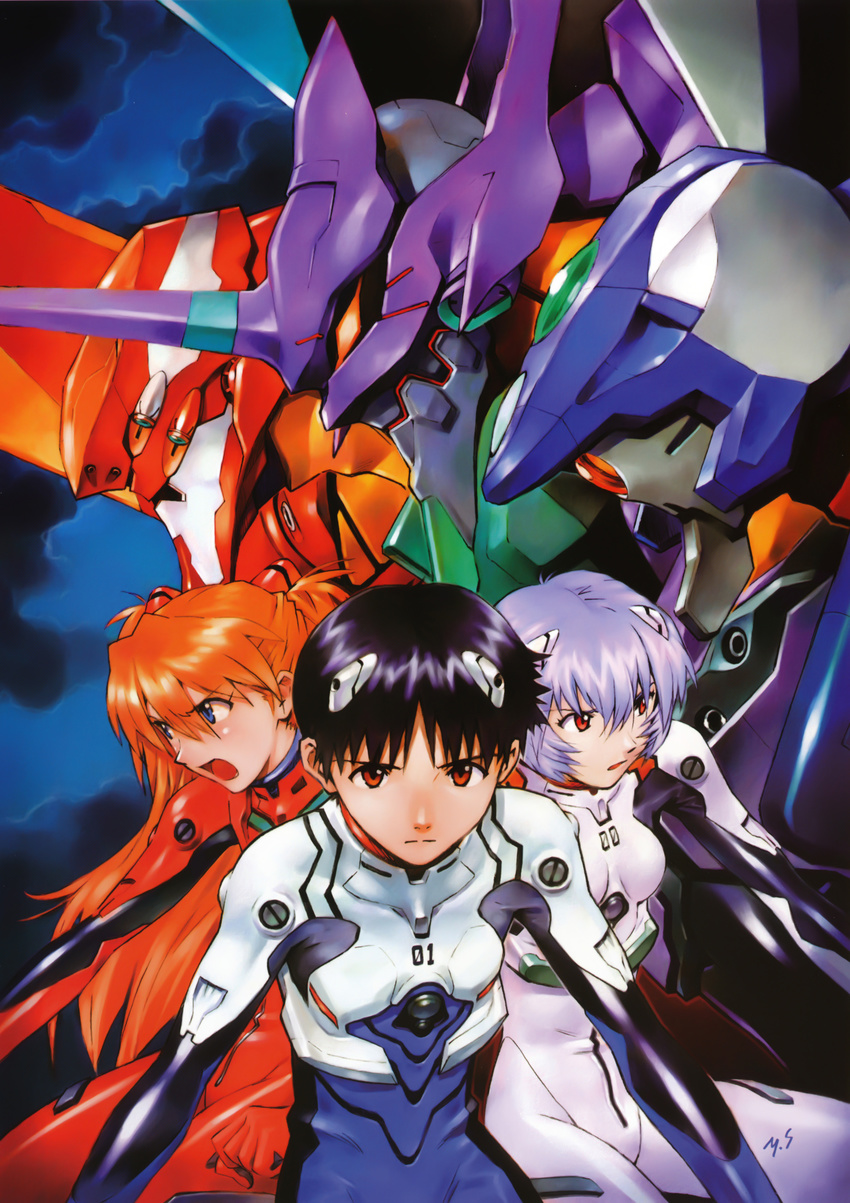 asuka_langley ayanami_rei bodysuit ikari_shinji mecha neon_genesis_evangelion sadamoto_yoshiyuki screening