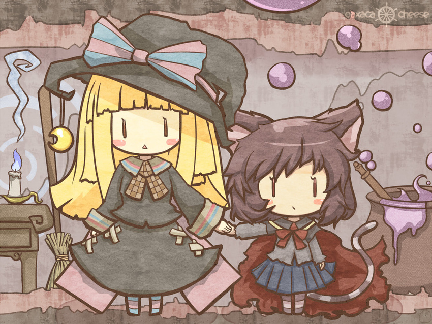 akihiyo animal_ears blonde_hair blush_stickers bow broom bubble candle cape cat_ears cat_tail chibi dress hat hat_bow holding_hands multiple_girls original pot purple_hair skirt table tail
