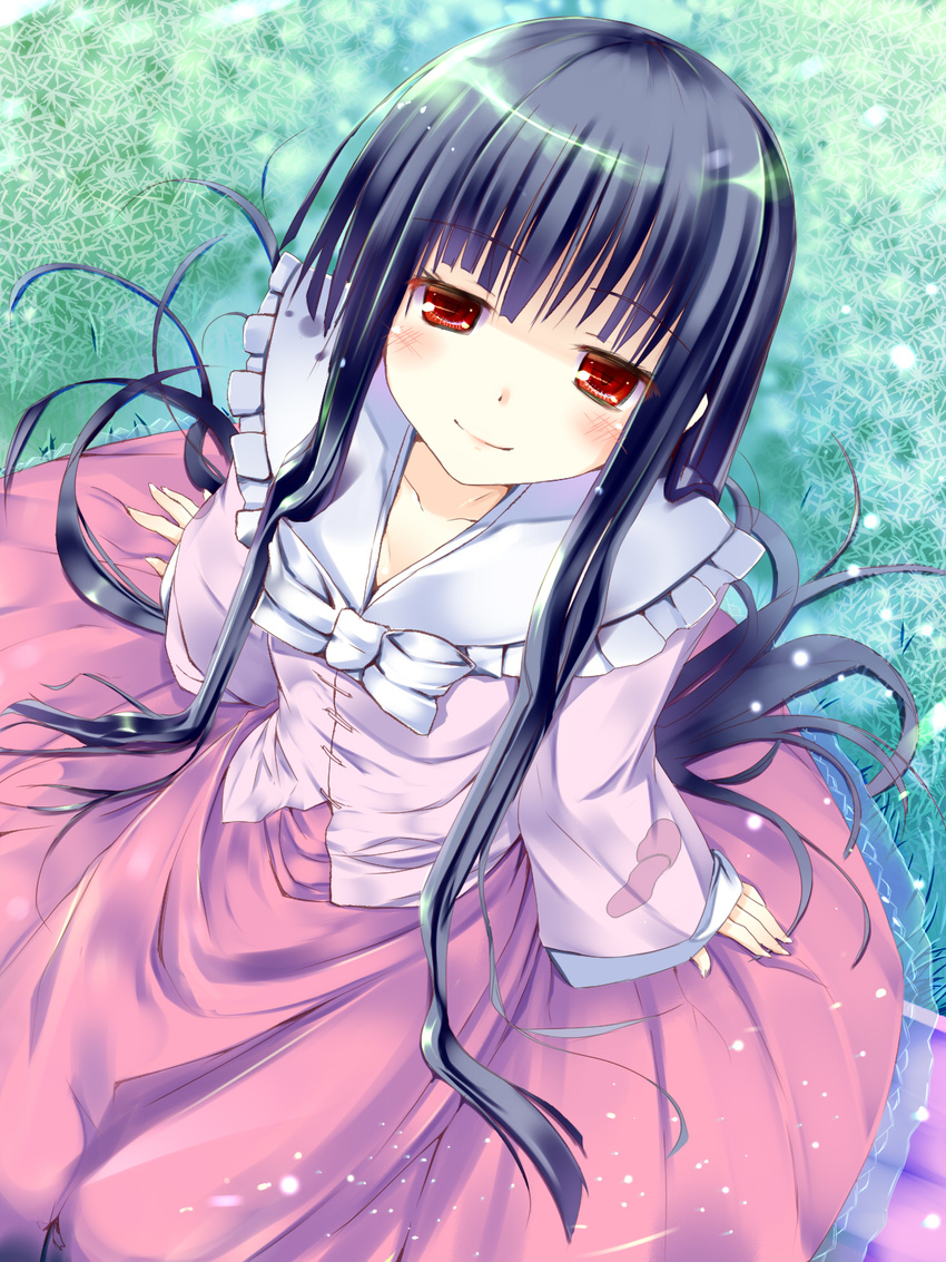 bangs black_hair blush bow from_above highres houraisan_kaguya japanese_clothes long_hair looking_up red_eyes rozea_(graphmelt) sitting skirt smile solo touhou very_long_hair