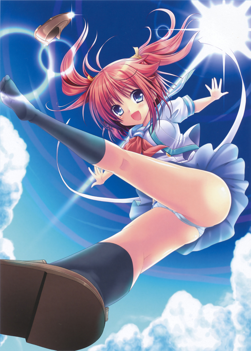 :d absurdres alto_seneka ass blue_eyes blush cloud day foreshortening from_below highres hiiragi_yuka huge_filesize kneehighs kneepits lens_flare looking_at_viewer natsuiro_penguin open_mouth outstretched_arms panties pink_hair school_uniform shoes single_shoe sky smile spread_arms sun underwear