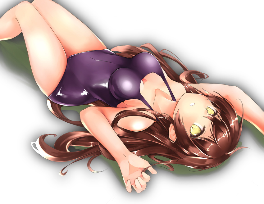 akagi_asahito bad_id bad_pixiv_id brown_hair highres long_hair looking_at_viewer lying on_back one-piece_swimsuit original school_swimsuit simple_background solo swimsuit yellow_eyes