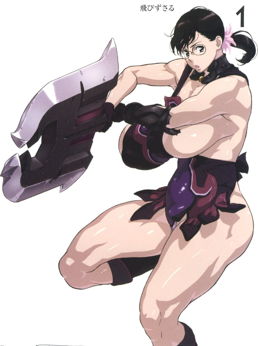 armpits bare_shoulders breasts cattleya gigantic_breasts glasses highres huge_weapon kaneko_hiraku mature muscle muscular_female queen's_blade revealing_clothes simple_background solo sword weapon white_background