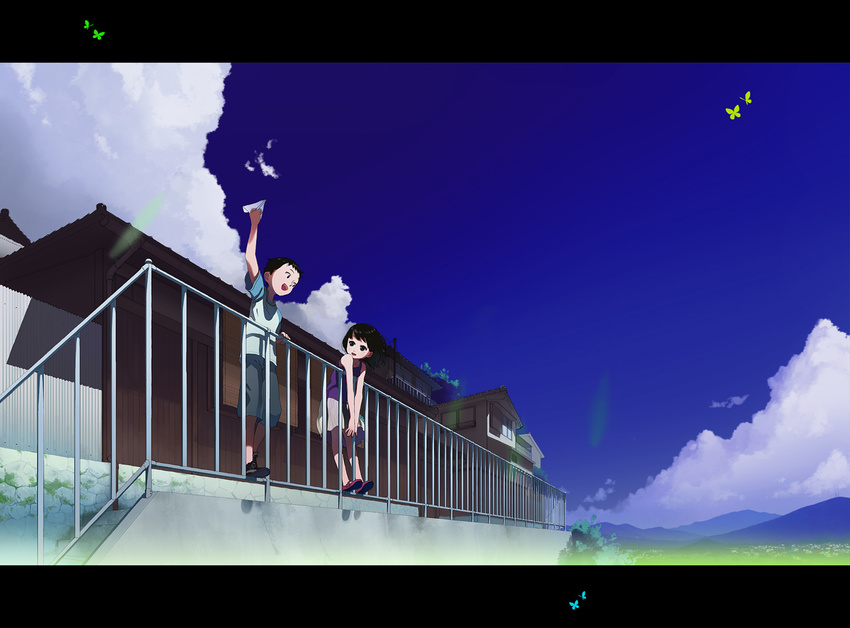 1girl black_hair brown_eyes child day ichikawa original paper_airplane scenery sky