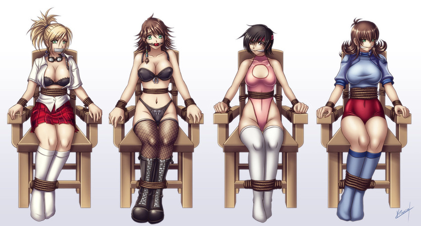 4girls artist_request ball_gag bdsm black_hair blonde_hair bondage boots bound bra breasts brown_eyes brown_hair cleavage cleave_gag cloth_gag domination erect_nipples female final_fantasy final_fantasy_vii final_fantasy_viii final_fantasy_x fishnets gag gagged green_eyes headband huge_breasts improvised_gag karosu-maker large_breasts long_hair midriff multiple_girls navel nipples open_clothes open_shirt panties ponytail rikku rope selphie_tilmitt shirt short_hair simple_background sitting skirt socks tape tape_gag tapegag thighhighs underwear yuffie_kisaragi yuna