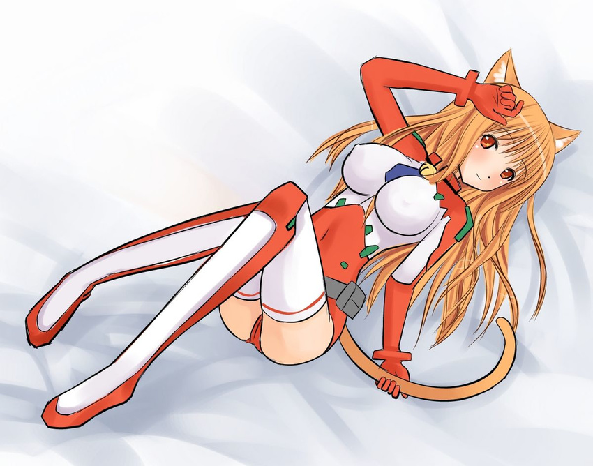 animal_ears asobi_ni_iku_yo! bed blush breasts cameltoe cleavage eris_(asobi_ni_iku_yo!) lying smile tail