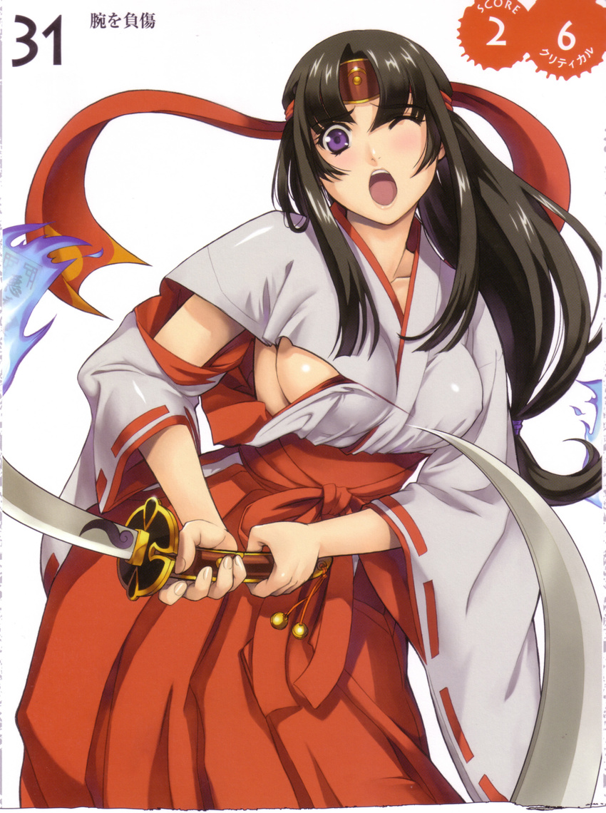 absurdres black_hair eiwa hakama headband highres japanese_clothes long_hair low-tied_long_hair miko ofuda open_mouth purple_eyes queen's_blade red_hakama ribbon-trimmed_sleeves ribbon_trim solo sword tomoe torn_clothes weapon wince