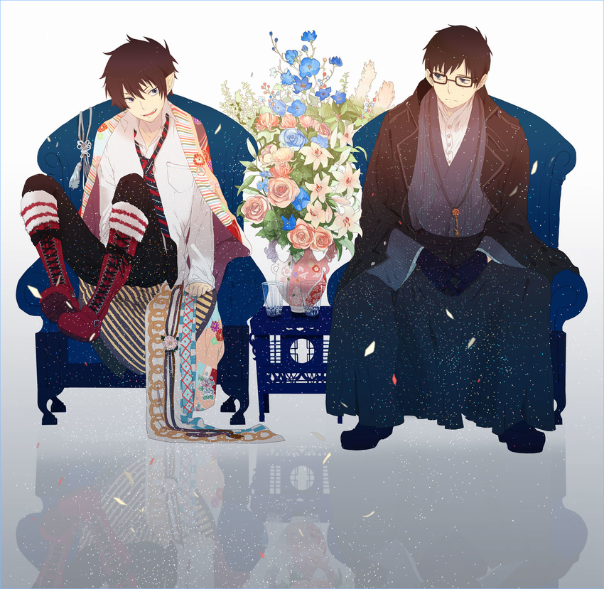 ao_no_exorcist black_hair blue_eyes boots brothers confetti fang glass glasses gloves highres japanese_clothes male_focus mole multiple_boys necktie oka_(a.m.) okumura_rin okumura_yukio open_mouth petals pointy_ears siblings sitting smile striped striped_neckwear