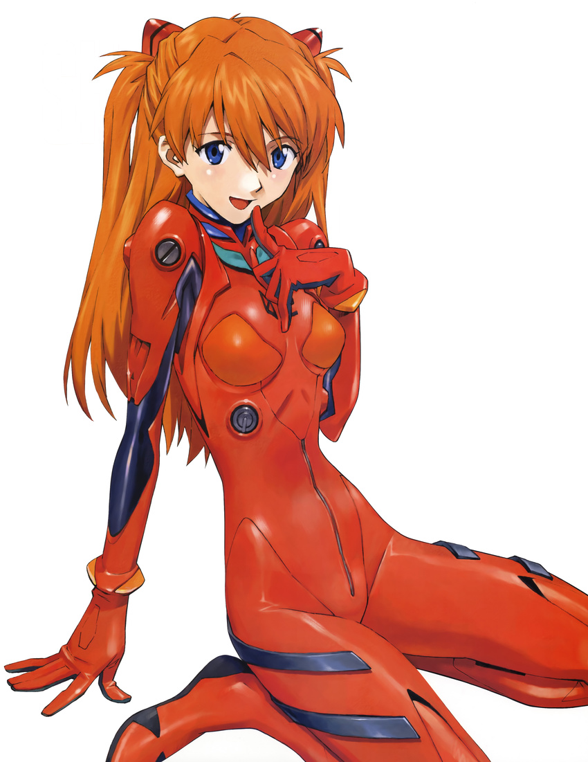 :d absurdres arm_support bangs blue_eyes bodysuit bracer breasts detexted evangelion:_2.0_you_can_(not)_advance eyebrows_visible_through_hair finger_to_mouth from_side full_body gloves hair_between_eyes happy headgear highres long_hair looking_at_viewer neon_genesis_evangelion number official_art open_mouth orange_hair pilot_suit plugsuit rebuild_of_evangelion red_bodysuit sadamoto_yoshiyuki scan shikinami_asuka_langley simple_background sitting skinny slender_waist small_breasts smile solo souryuu_asuka_langley spread_legs straight_hair third-party_edit turtleneck two_side_up wariza white_background