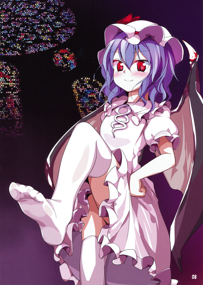 blush feet hat high_res lavender_hair legs red_eyes remilia_scarlet short_hair smile solo thighhighs touhou usotsukiya white_thighhighs wings