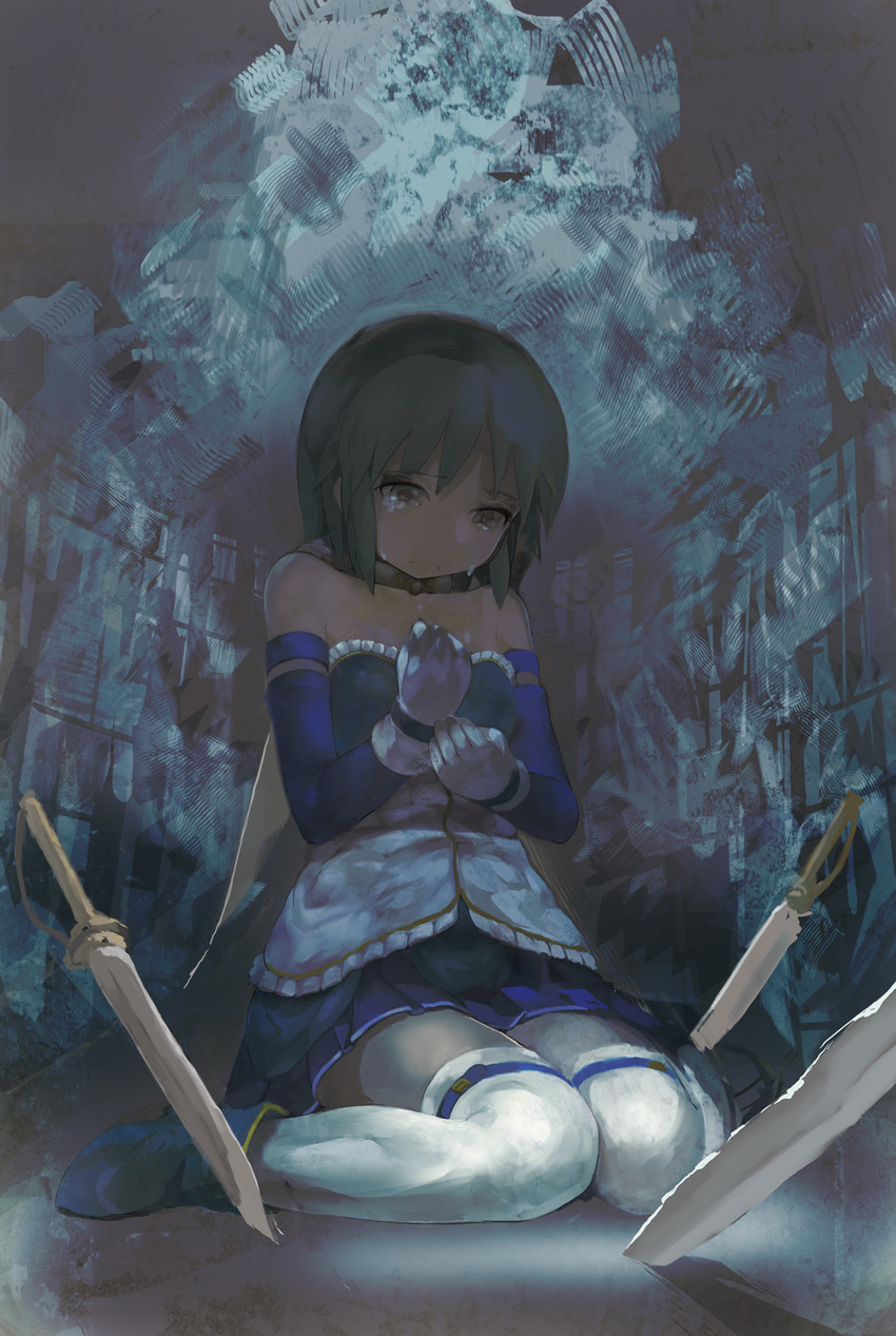 bare_shoulders blue_eyes blue_hair cape gloves highres magical_girl mahou_shoujo_madoka_magica miki_sayaka short_hair sitting solo sword tears thighhighs uturo wariza weapon white_gloves white_legwear