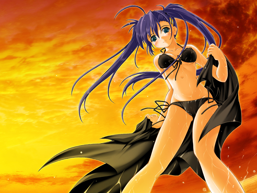 akimoto_dai bikini blue_eyes breasts covered_nipples highres long_hair original purple_hair see-through side-tie_bikini small_breasts solo sunset swimsuit twintails wallpaper wet