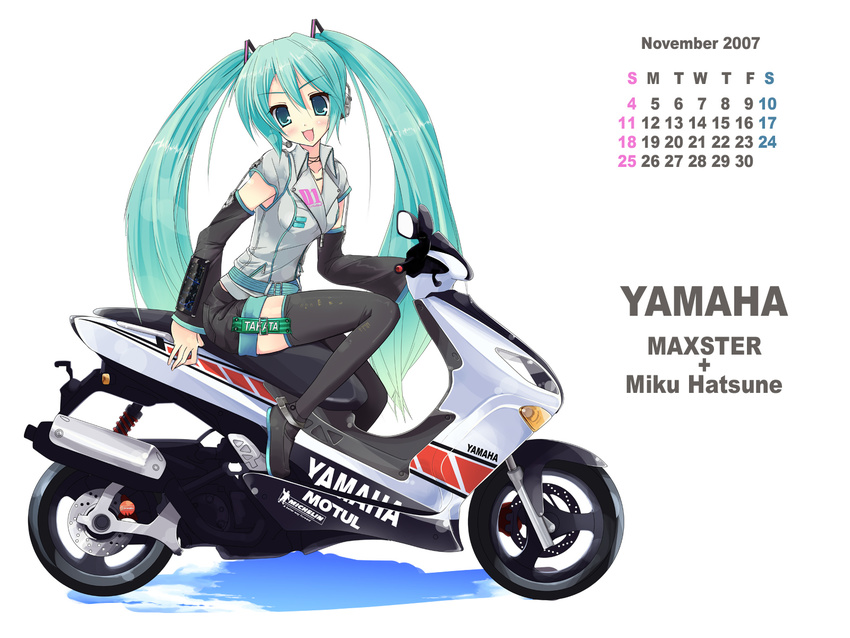 2007 aqua_hair ayase_hikaru bibendum blue_eyes calendar_(medium) detached_sleeves ground_vehicle hatsune_miku headphones headset highres long_hair michelin motor_vehicle motorcycle november simple_background solo thighhighs twintails very_long_hair vocaloid wallpaper yamaha