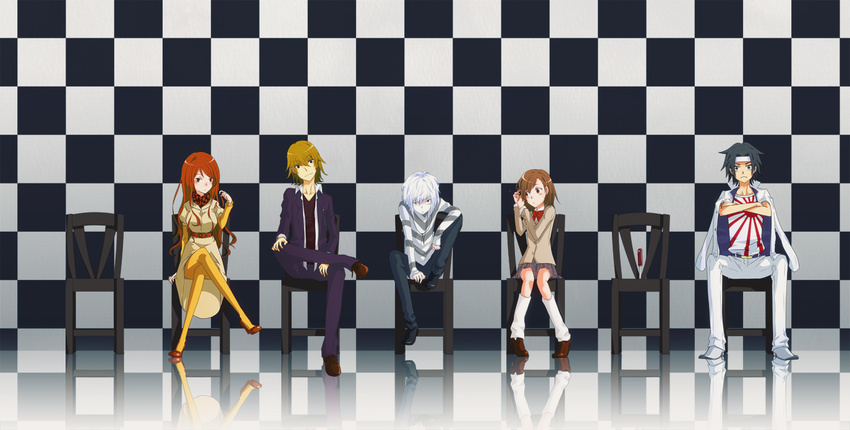 3boys accelerator black_hair brown_eyes brown_hair chair dress headband kakine_teitoku long_hair misaka_mikoto mugino_shizuri multiple_boys multiple_girls pantyhose red_eyes sacca school_uniform shirt sitting skirt sogiita_gunha striped striped_shirt to_aru_majutsu_no_index uniform white_hair yellow_legwear