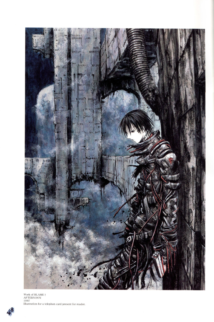 against_wall arch black_bodysuit black_hair blame! bodysuit bridge from_side highres killy looking_down male_focus megastructure nihei_tsutomu profile sad solo standing uniform white_skin