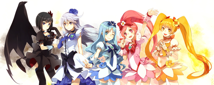 back_bow bad_id bad_pixiv_id black_choker black_hair black_legwear blonde_hair blue_choker blue_eyes blue_hair bow brooch choker cure_blossom cure_marine cure_moonlight cure_sunshine dark_precure elbow_gloves flower gloves hair_flower hair_ornament hair_ribbon hanasaki_tsubomi hand_on_own_chest heart heartcatch_precure! highres jewelry kurumi_erika long_hair magical_girl multiple_girls myoudouin_itsuki one_eye_closed orange_bow orange_choker pink_choker pink_eyes pink_hair ponytail precure red_bow retei ribbon rose short_hair silver_hair single_wing skirt smile thighhighs tsukikage_yuri twintails v white_legwear wings wrist_cuffs yellow_eyes