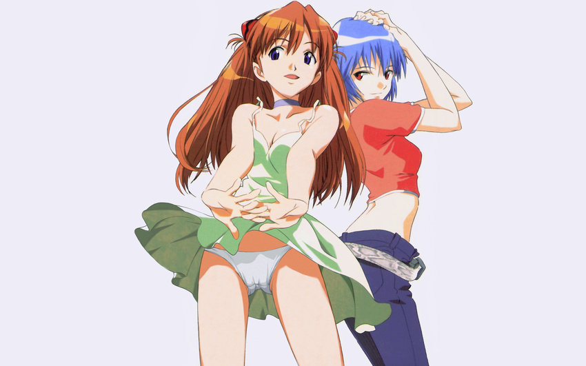 artist_request ayanami_rei bare_shoulders blue_eyes blue_hair casual denim dress dress_flip highres jeans long_hair midriff multiple_girls neon_genesis_evangelion open_mouth panties pants purple_eyes red_eyes red_hair short_hair smile souryuu_asuka_langley underwear upskirt yellow_dress