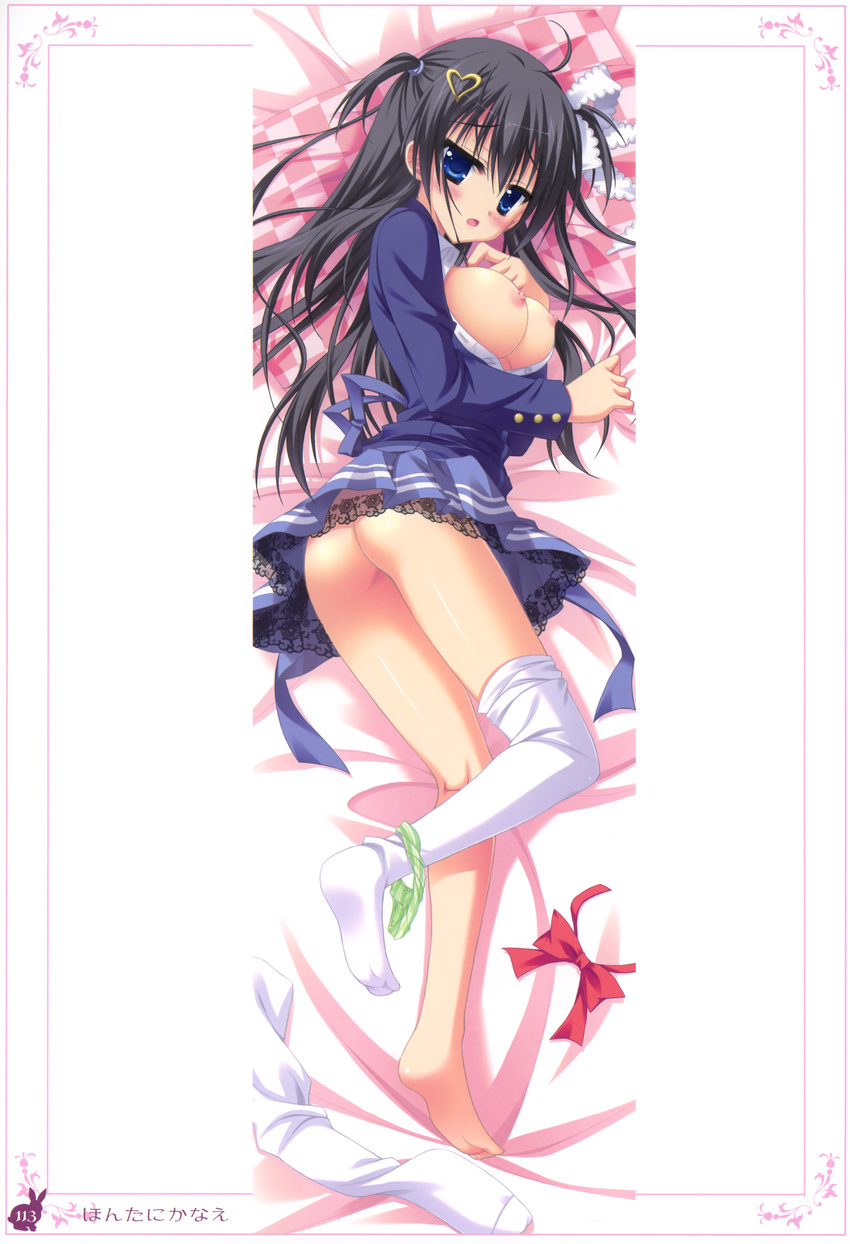 absurdres ass barefoot black_hair blue_eyes breasts copyright_request d: dakimakura full_body green_panties hair_ornament hairpin highres lace lace-trimmed_skirt lying medium_breasts moribe_(rabumanyo) nipples no_bra open_clothes open_mouth open_shirt panties panties_around_one_leg shirt single_thighhigh skirt solo striped striped_panties thighhighs thighhighs_removed two_side_up underwear white_legwear