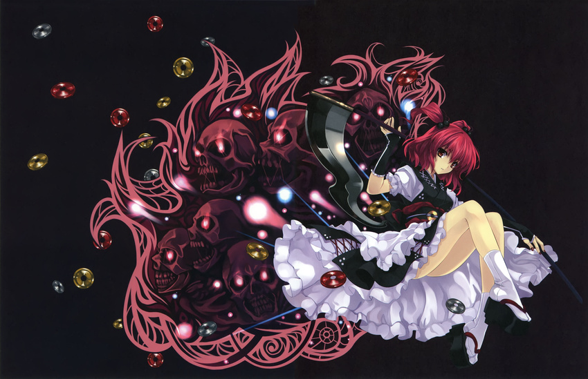 absurdres alternate_color black_gloves clog_sandals coin fingerless_gloves full_body gloves hair_bobbles hair_ornament highres huge_filesize kneehighs knees_up legs long_legs misaki_kurehito onozuka_komachi puffy_short_sleeves puffy_sleeves red_eyes red_hair sandals scythe short_hair short_sleeves skirt skirt_set skull solo tabi touhou two_side_up white_legwear