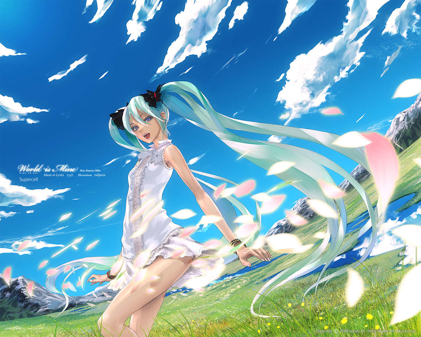 clouds green_hair hatsune_miku river sky tagme twin_tails vocaloid wallpaper