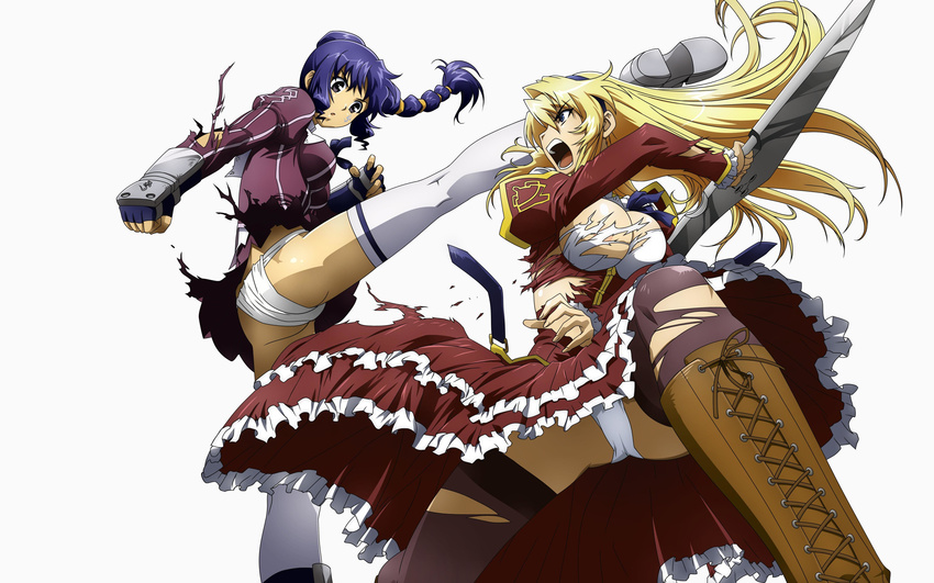 absurdres blonde_hair blue_hair boots breasts cleavage freezing fundoshi gauntlets highres japanese_clothes kicking knee_boots lana_rinchen large_breasts legs long_hair long_legs multiple_girls open_mouth panties pantyshot ponytail purple_eyes satellizer_el_bridget thighhighs thighs torn_clothes underwear upskirt weapon white_panties