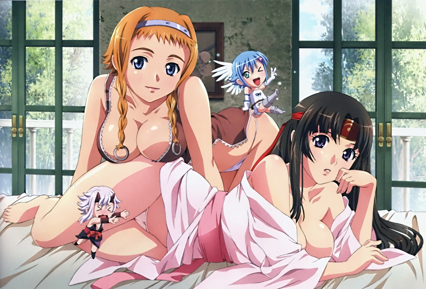 &gt;_&lt; absurdres barefoot bed_sheet blonde_hair blue_eyes blue_hair blush boots breasts brown_hair chibi cleavage closed_eyes detexted elbow_gloves gloves green_eyes hair_ornament hairband hairclip headband highres japanese_clothes large_breasts leina long_hair lying multiple_girls nanael no_bra non-web_source official_art on_side one_eye_closed panties purple_eyes queen's_blade shizuka_(queen's_blade) short_hair silver_hair third-party_edit tomoe twintails underwear v very_long_hair wings