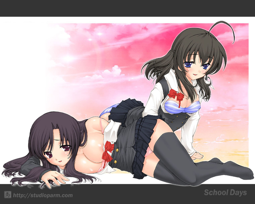 blue_eyes bow bra breasts cleavage katsura_kotonoha kotobuki_utage lingerie long_hair medium_breasts multiple_girls panties red_bow saionji_sekai school_days school_uniform striped striped_panties thighhighs underwear undressing wallpaper