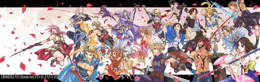 6+girls absurdres alternate_costume applemac armor bandana bare_shoulders black_hair blonde_hair blue_eyes brown_eyes brown_hair butz_klauser cain_highwind cape carrying cecil_harvey circlet cloud_strife dagger detached_sleeves dissidia_012_final_fantasy dissidia_final_fantasy dog_tags dual_wielding elf elvaan everyone facial_hair final_fantasy final_fantasy_i final_fantasy_ii final_fantasy_iii final_fantasy_iv final_fantasy_ix final_fantasy_v final_fantasy_vi final_fantasy_vii final_fantasy_viii final_fantasy_x final_fantasy_xi final_fantasy_xii final_fantasy_xiii fingerless_gloves flower fraternity frioniel gloves green_eyes grin gun headband helmet heterochromia high_heels highres holding japanese_clothes jecht jewelry laguna_loire lightning_farron long_hair long_image low-tied_long_hair miniskirt multiple_boys multiple_girls necklace one_eye_closed onion_knight open_clothes open_mouth open_shirt paladin_(final_fantasy) petals pink_hair pointy_ears polearm prishe purple_hair red_flower red_rose rose rose_petals scar shantotto shield shirt shoes shoulder_carry skirt smile spear spiked_hair squall_leonhart staff sword tail tarutaru tidus tifa_lockhart tina_branford topless vaan warrior_of_light weapon white_hair wide_image yuna_(ff10) zidane_tribal