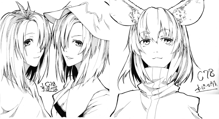 aki_minoriko aki_shizuha animal_ears face greyscale hair_over_one_eye hat leaf makie_fujiyuki monochrome mouse_ears multiple_girls nazrin short_hair siblings sisters touhou twins