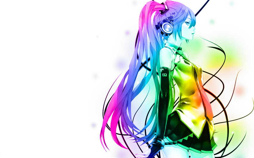 1girl bare_shoulders blue_eyes blue_hair colorful detached_sleeves elbow female gloves green_hair hatsune_miku headphones long_hair miniskirt multicolored necktie pink_hair purple_hair rainbow redjuice skirt solo twintails vocaloid white