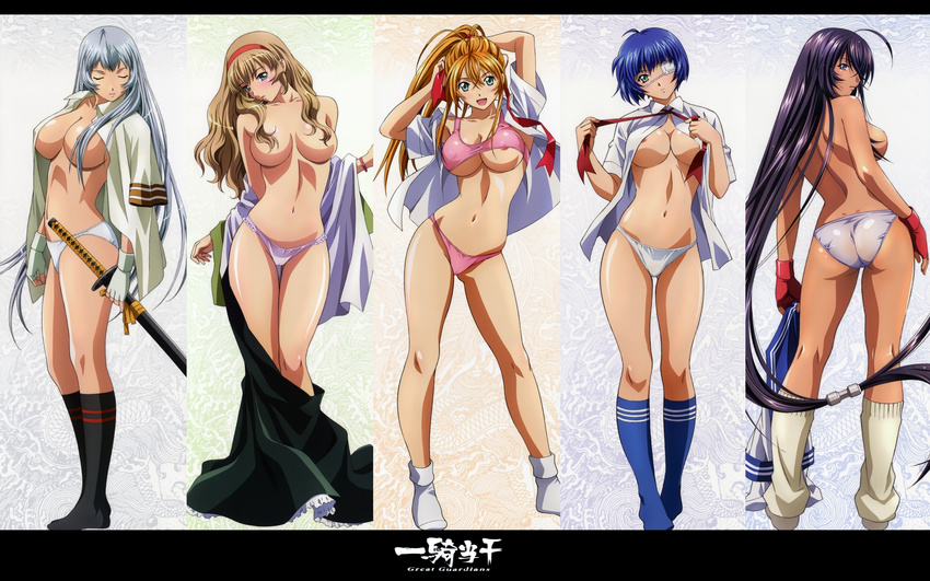 5girls blush chouun_shiryuu cleavage ikkitousen kanu_unchou nipples open_shirt oppai pantsu ryomou_shimei sonken_chuubou sonsaku_hakufu topless undressing