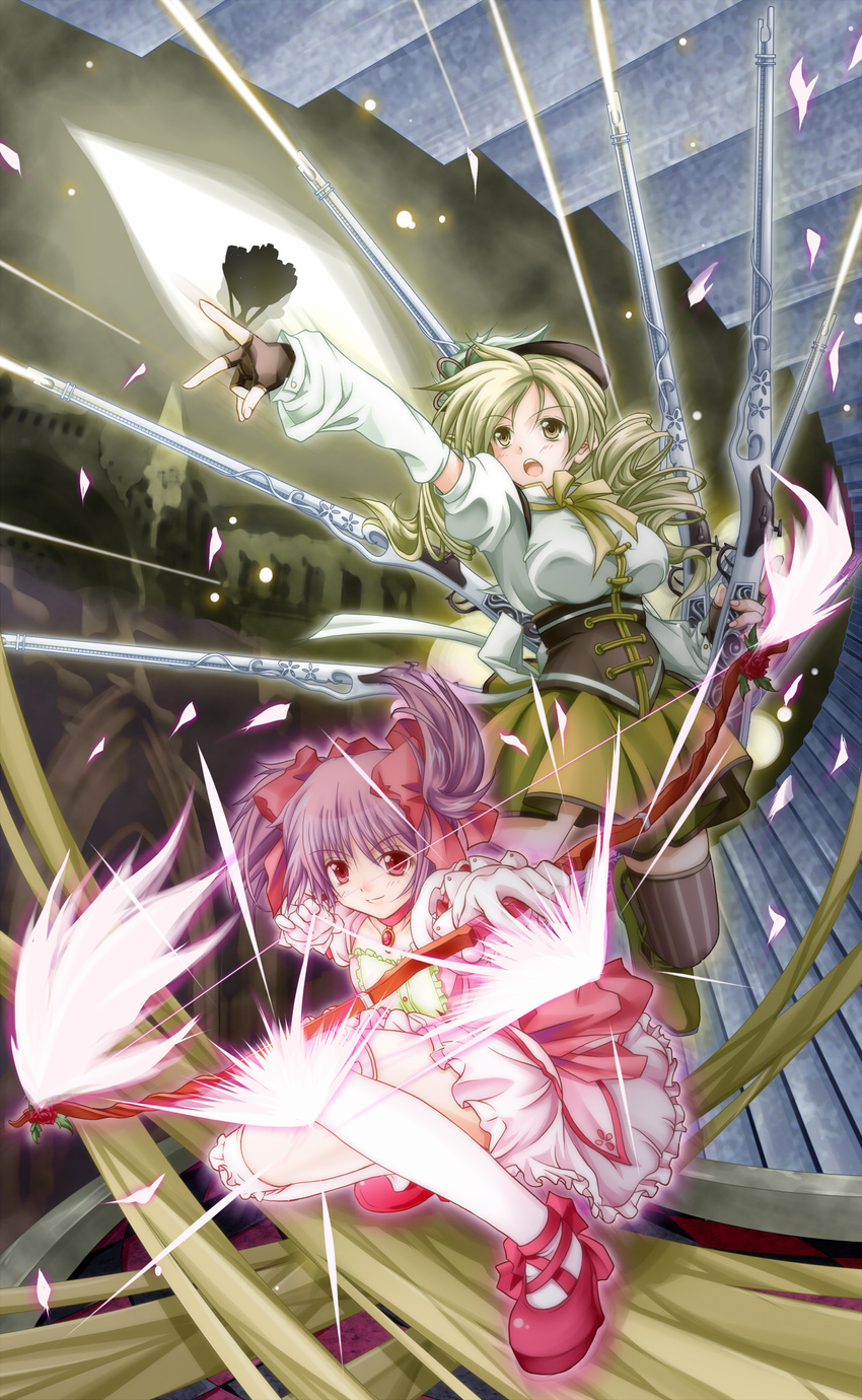 beret blonde_hair boots bow_(weapon) breasts brown_legwear choker corset detached_sleeves drill_hair energy_beam fingerless_gloves flower gloves gun hair_ornament hair_ribbon hairpin hat highres kaname_madoka large_breasts light_particles light_rays magical_girl magical_musket mahou_shoujo_madoka_magica multiple_girls pink_hair pleated_skirt puffy_sleeves red_flower red_rose ribbon rifle rose shirt shoes short_twintails skirt squatting striped striped_legwear taut_clothes taut_shirt thighhighs tomoe_mami tsukineko twin_drills twintails vertical-striped_legwear vertical_stripes walpurgisnacht_(madoka_magica) weapon zettai_ryouiki
