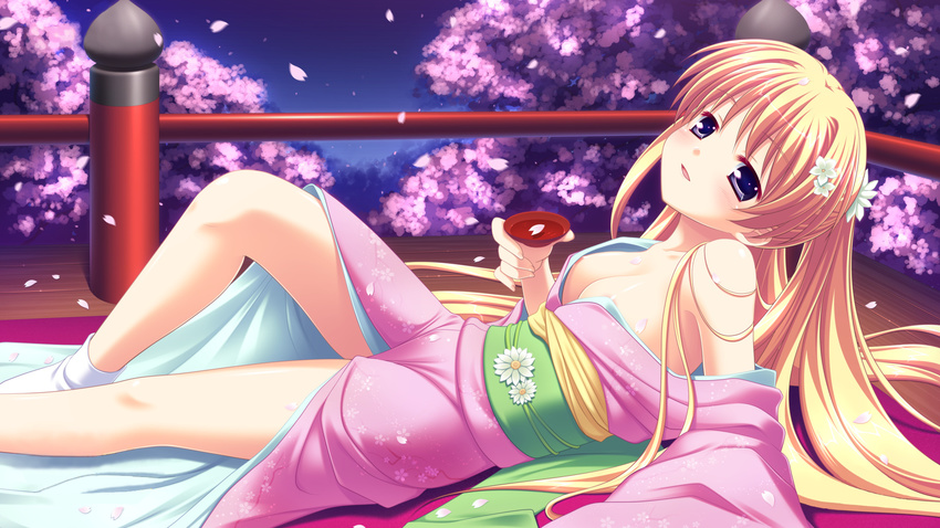 alcohol areolae bare_shoulders blonde_hair blue_eyes breasts cherry_blossoms highres japanese_clothes kimono konohana_matsuri legs long_hair lying marguerite_sphere medium_breasts nipples no_bra off_shoulder petals pink_kimono sake solo twintails wallpaper yukata yuyi