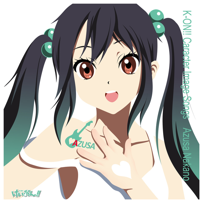 bad_id bad_pixiv_id bare_shoulders black_hair brown_eyes dress eyelashes hair_bobbles hair_ornament heart highres k-on! kouchou long_hair nakano_azusa open_mouth round_teeth simple_background smile solo strap_slip teeth twintails