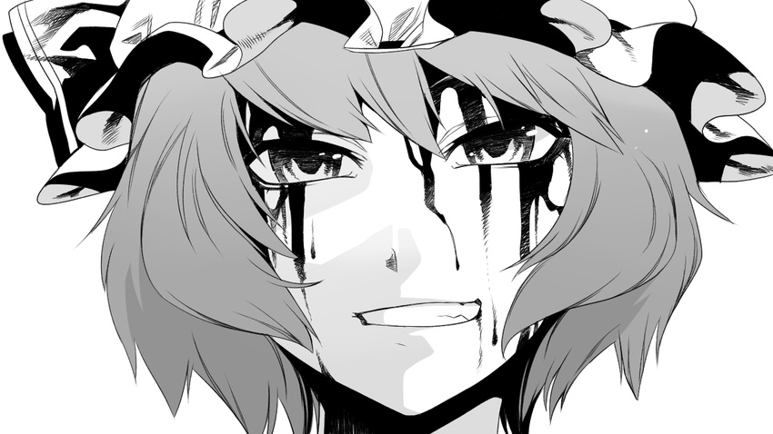 bad_id bad_pixiv_id blood blood_on_face face greyscale grin hat irohara_mitabi monochrome remilia_scarlet smile solo touhou