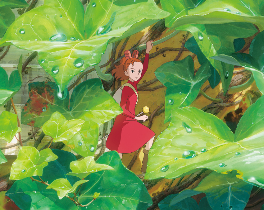 :| arm_up arrietty artist_request backpack bag black_eyes brown_footwear closed_mouth clothes_pin day dew_drop dress dripping flat_chest hair_ornament highres karigurashi_no_arrietty leaf long_sleeves minigirl official_art outdoors pin plant ponytail red_dress solo standing studio_ghibli traditional_media turtleneck turtleneck_dress vines water_drop