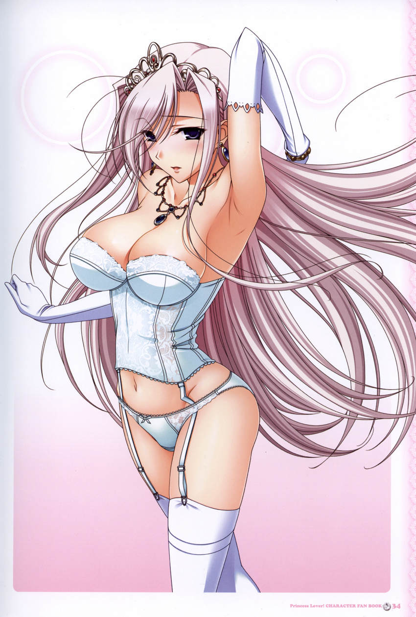 1girl absurdres blush breasts charlotte_hazellink charlotte_hazelrink cleavage elbow_gloves female garter_belt garter_straps gloves highres komori_kei large_breasts legwear lingerie long_hair navel official_art panties princess_lover princess_lover! screening solo stockings thighhighs underwear white_gloves white_legwear