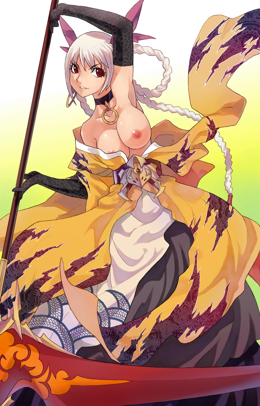 braid breasts caee_penguin choker cleavage dress earrings elbow_gloves gloves kimono large_breasts nipples open_clothes open_kimono oppai penguin_caee red_eyes scythe topless weapon white_hair