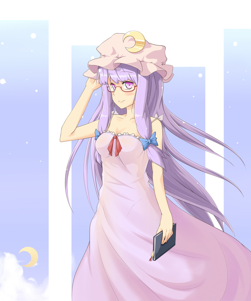 alternate_costume bare_shoulders bespectacled book breasts cleavage crescent dress glasses hair_ribbon hand_on_headwear hat highres long_hair medium_breasts nogisaka_kushio patchouli_knowledge purple_eyes purple_hair ribbon smile solo touhou
